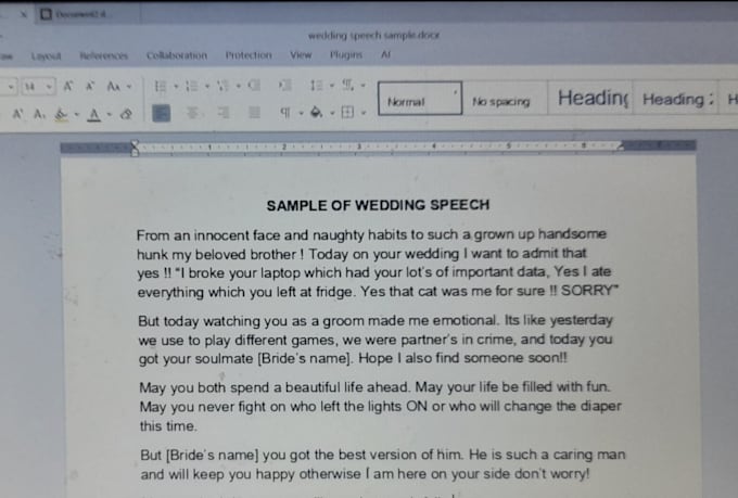 write unique, emotional and heart warming wedding speech for bride and groom